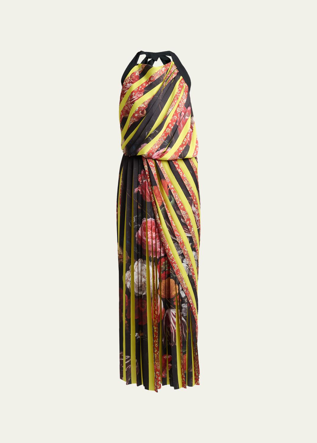 Darnot Mixed Print Pleated Halter Maxi Dress