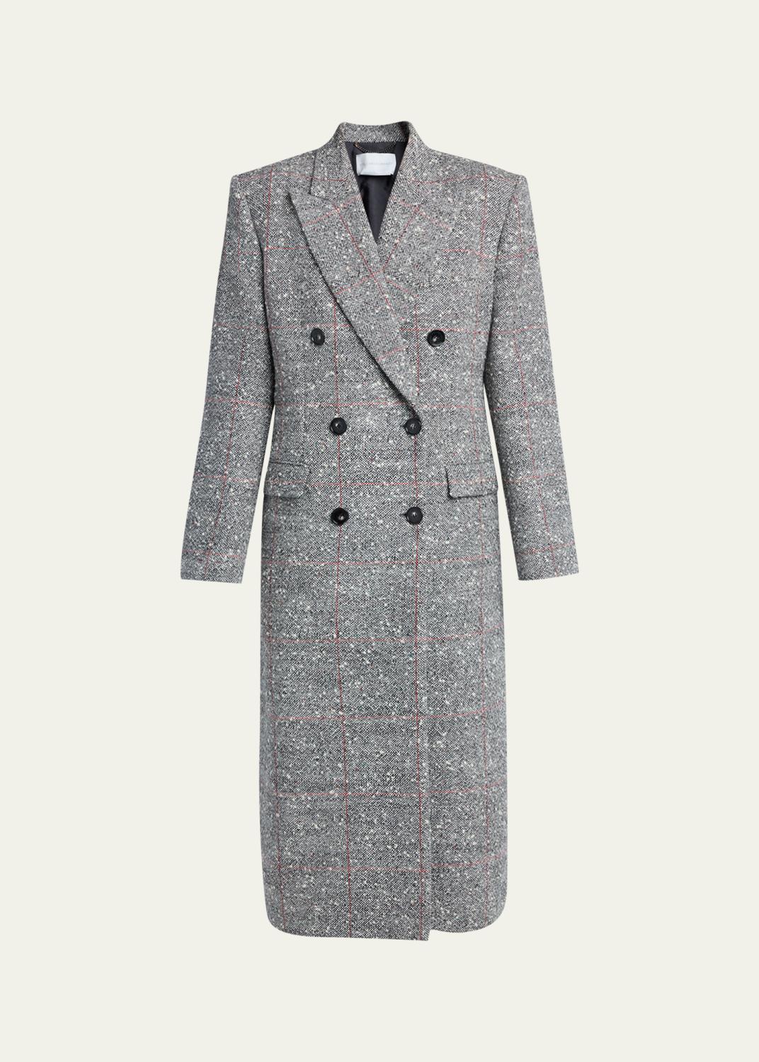 Double-Breasted Check Boucle Long Coat