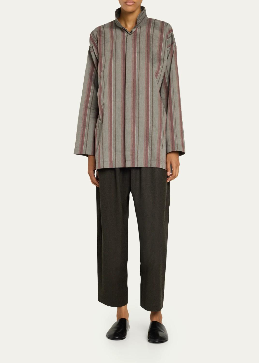 Eskandar Slim A-Line Shirt With Double Stand Collar And Stepped Insert - Long Length | Thumbnail 2 Eskandar Slim A-Line Shirt With Double Stand Collar And Stepped Insert - Long Length | Thumbnail 2