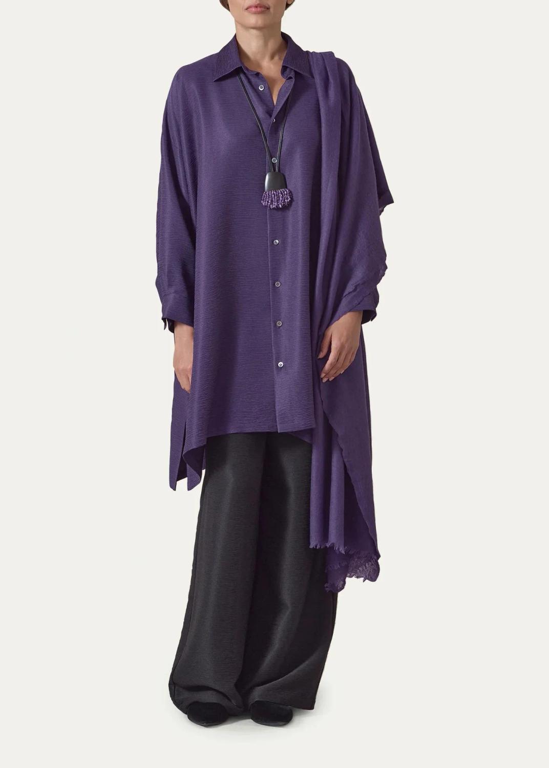 Eskandar Wide A-Line Shirt With Collar - Very Long Length With Slits | Thumbnail 2 Eskandar Wide A-Line Shirt With Collar - Very Long Length With Slits | Thumbnail 2