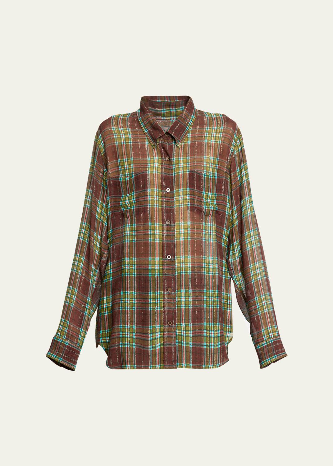Plaid Silk-Blend Button-Front Shirt