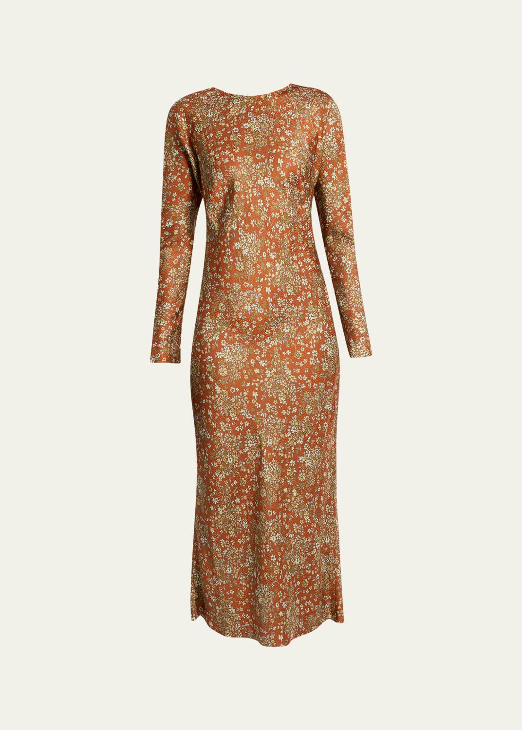 Floral Satin Long-Sleeve Midi Dress
