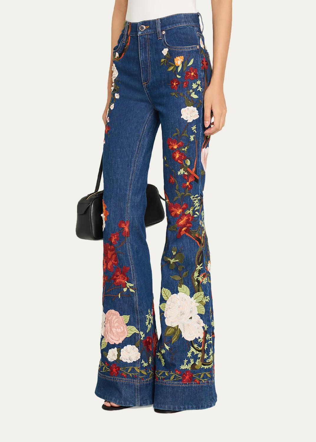 Alice + Olivia Beautiful Embroidered High-Rise Bell Bottom Jeans | Thumbnail 4