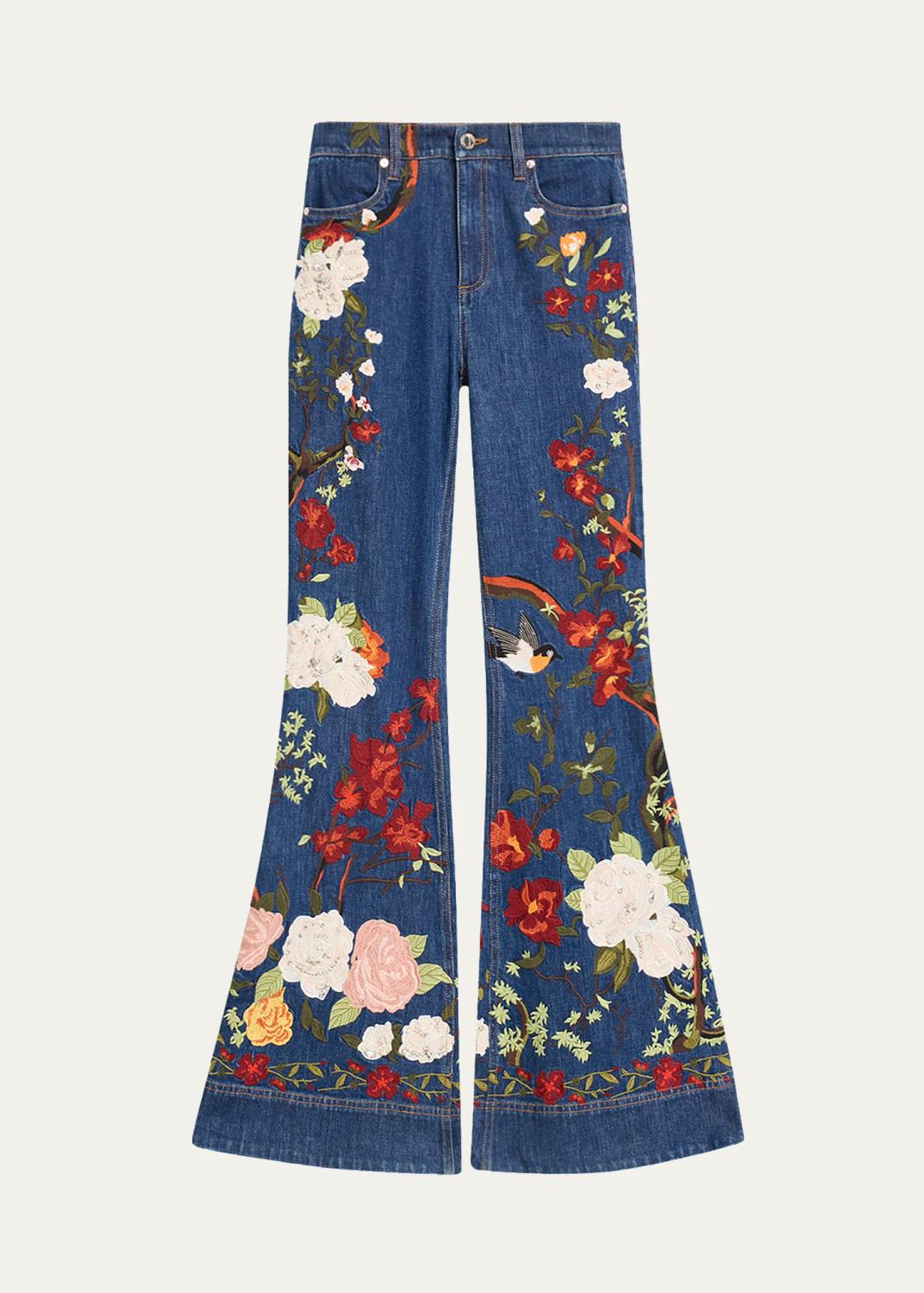 Alice + Olivia Beautiful Embroidered High-Rise Bell Bottom Jeans