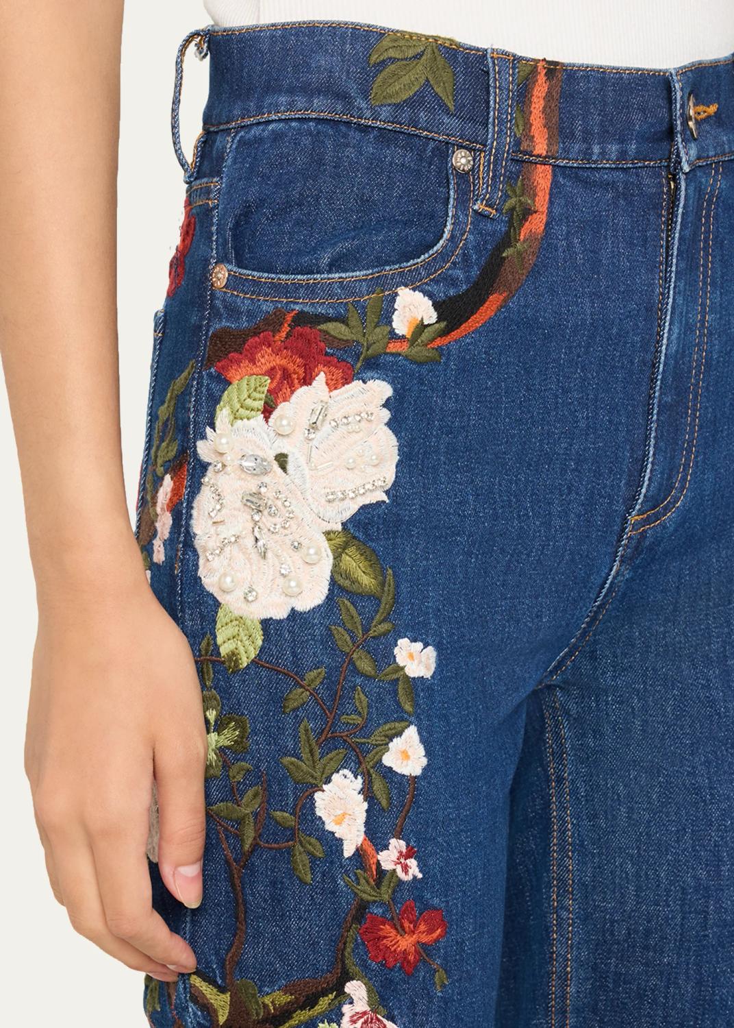 Alice + Olivia Beautiful Embroidered High-Rise Bell Bottom Jeans | Thumbnail 5