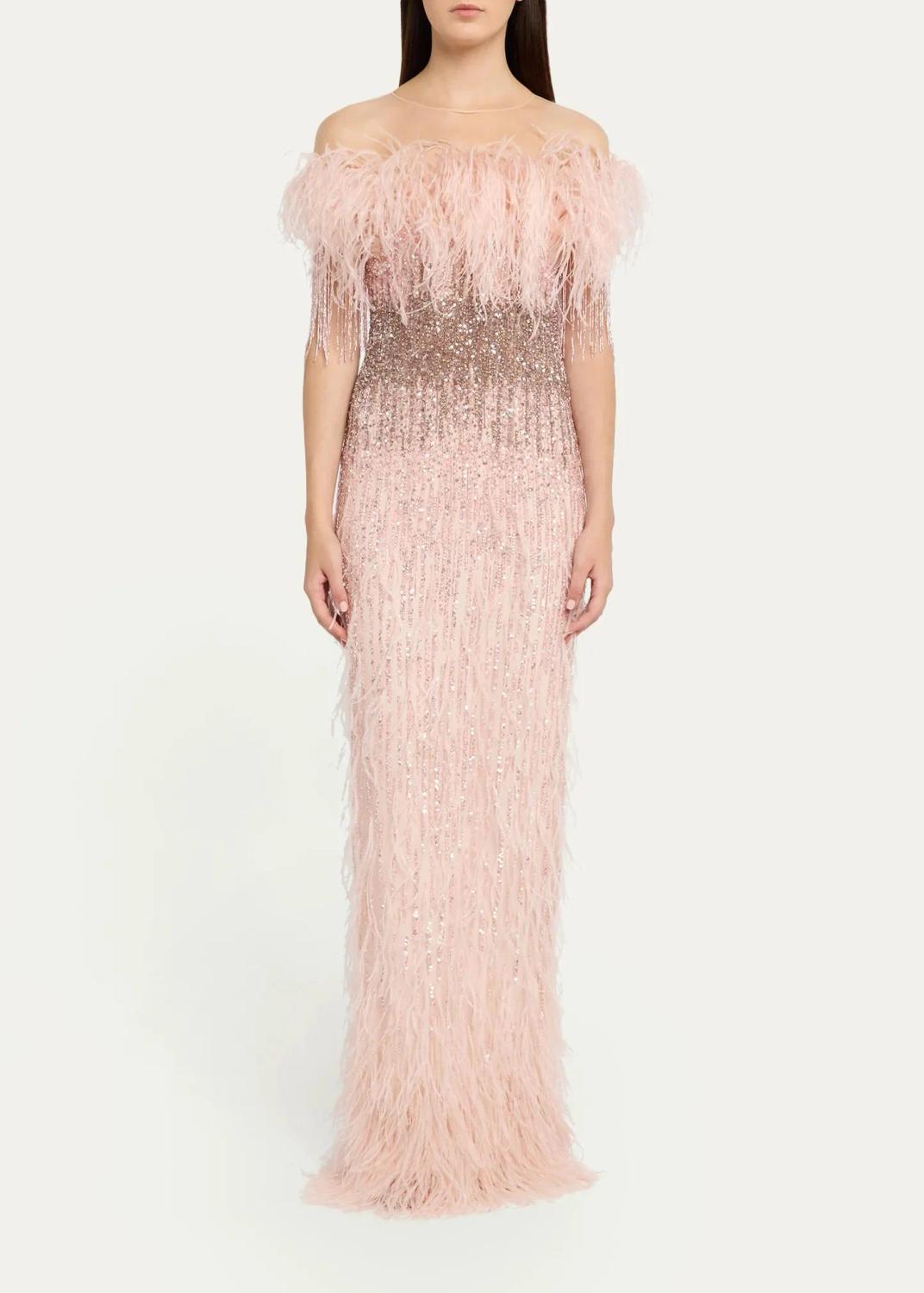 PAMELLA ROLAND Feather Beaded Off-The-Shoulder Illusion Column Gown | Thumbnail 2