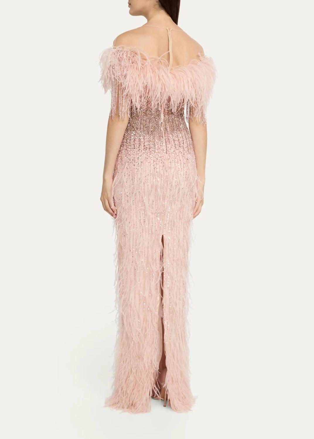 PAMELLA ROLAND Feather Beaded Off-The-Shoulder Illusion Column Gown | Thumbnail 3