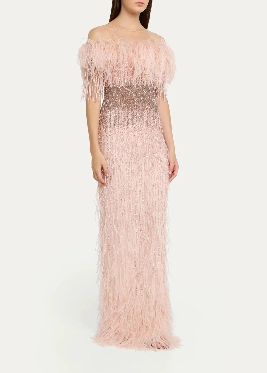 PAMELLA ROLAND Feather Beaded Off-The-Shoulder Illusion Column Gown | Thumbnail 4