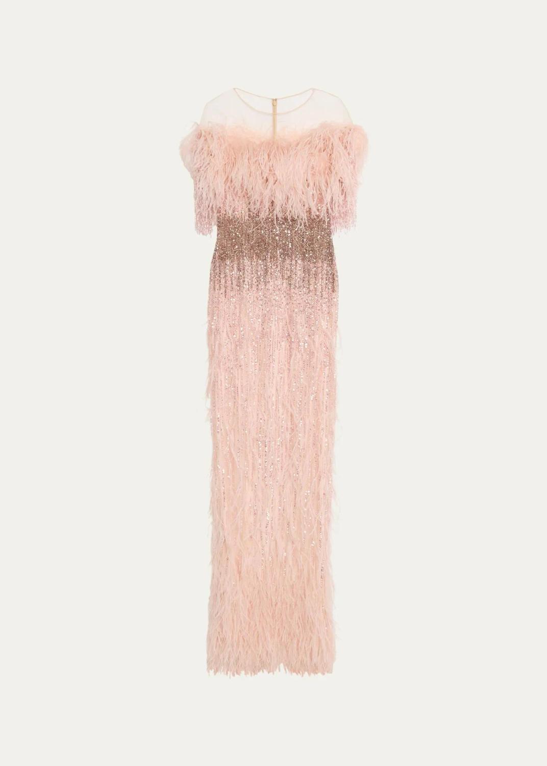 PAMELLA ROLAND Feather Beaded Off-The-Shoulder Illusion Column Gown