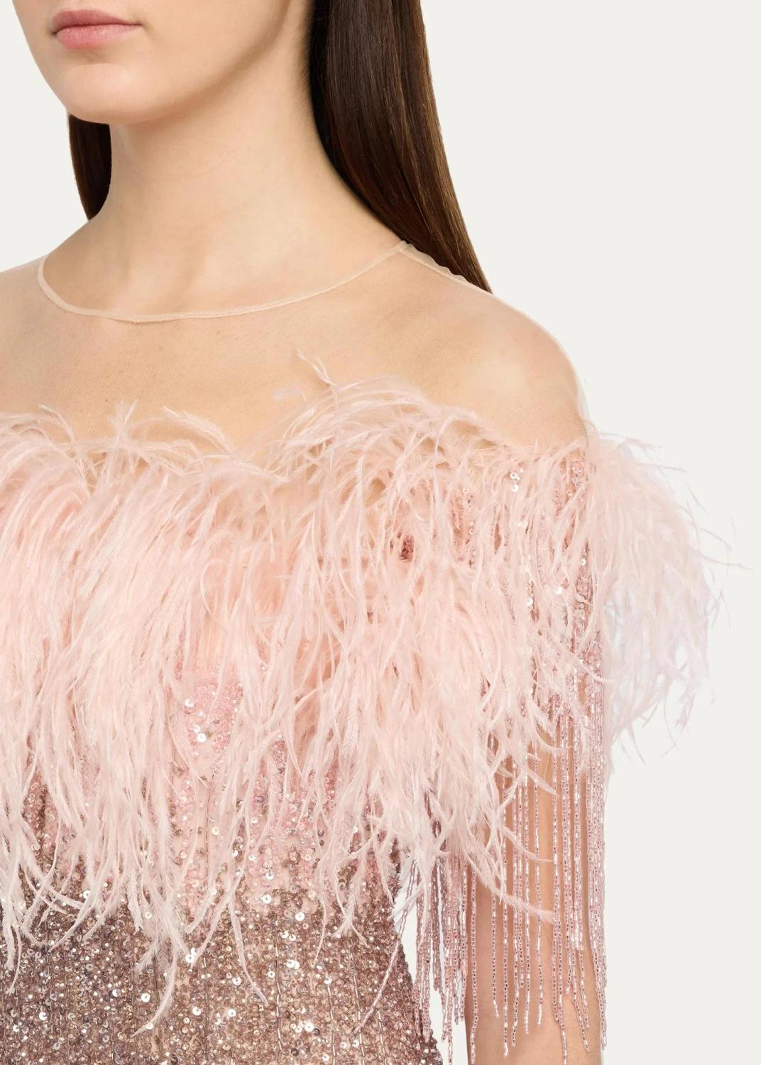 PAMELLA ROLAND Feather Beaded Off-The-Shoulder Illusion Column Gown | Thumbnail 5