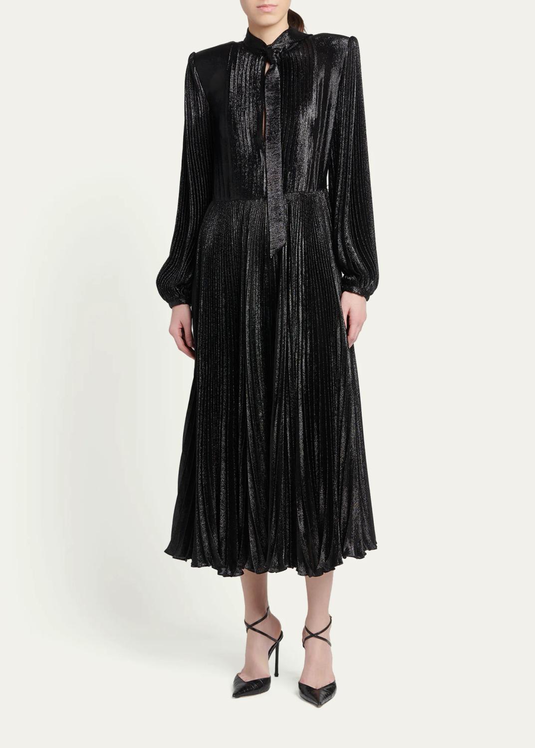 Tom Ford Soleil Metallic Silk Charmeuse Plisse Neck-Tie Midi Dress | Thumbnail 2 Tom Ford Soleil Metallic Silk Charmeuse Plisse Neck-Tie Midi Dress | Thumbnail 2