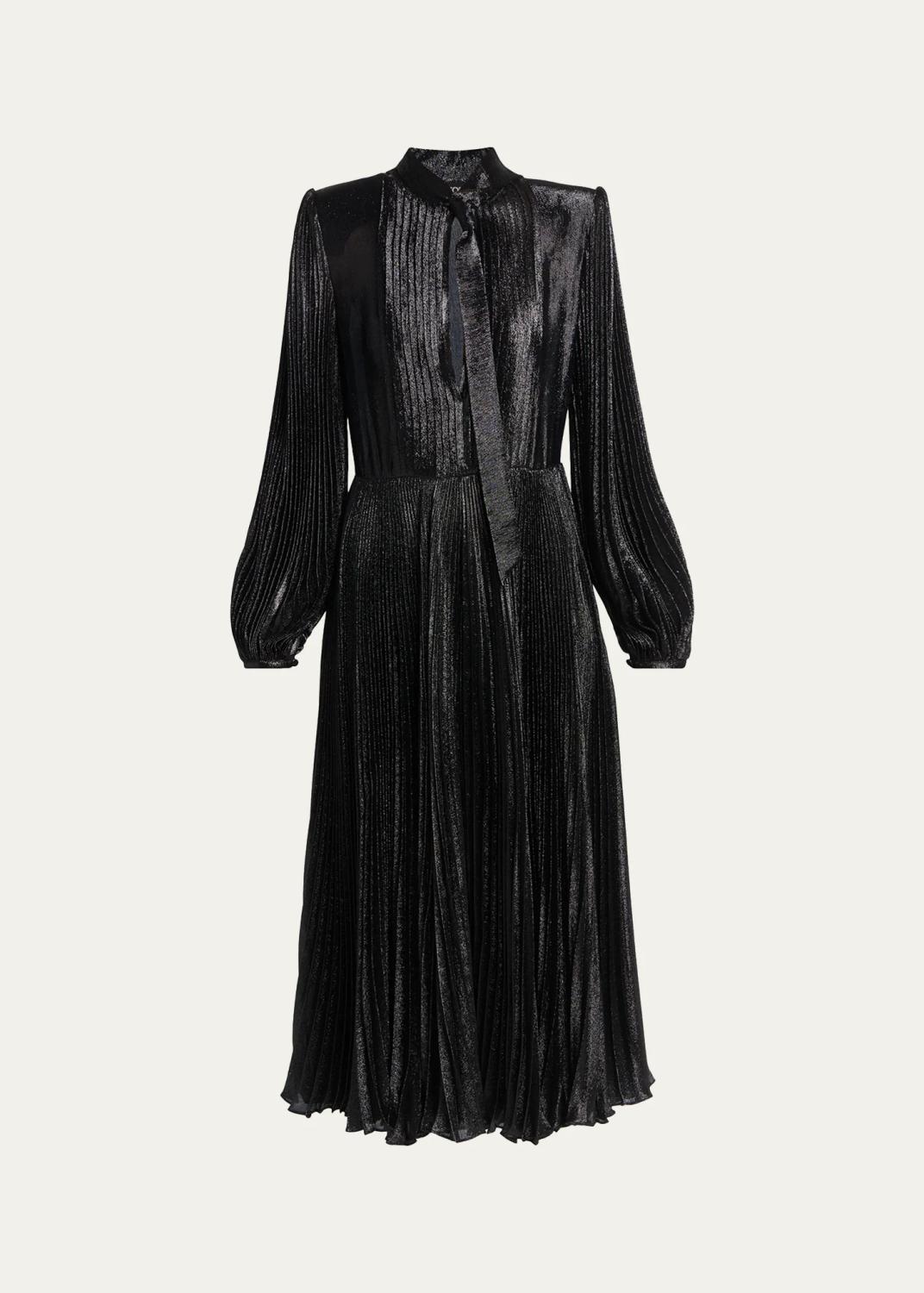 Soleil Metallic Silk Charmeuse Plisse Neck-Tie Midi Dress