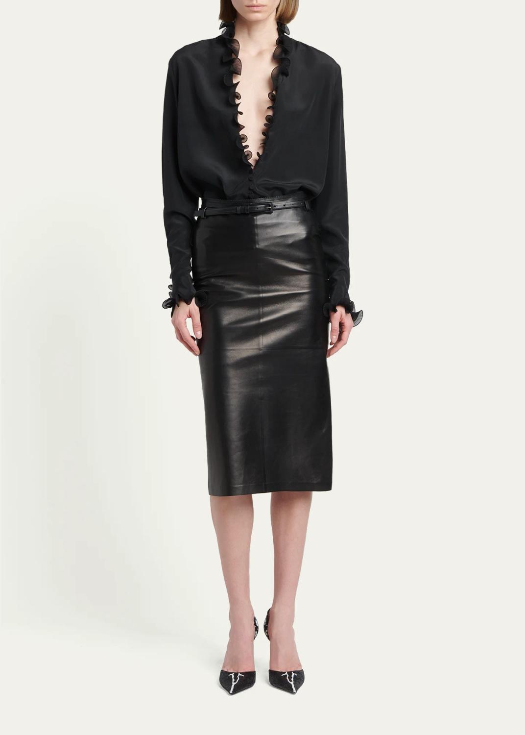Tom Ford Silk Crepe De Chine Ruffle Plunging-Neck Blouse | Thumbnail 2 Tom Ford Silk Crepe De Chine Ruffle Plunging-Neck Blouse | Thumbnail 2