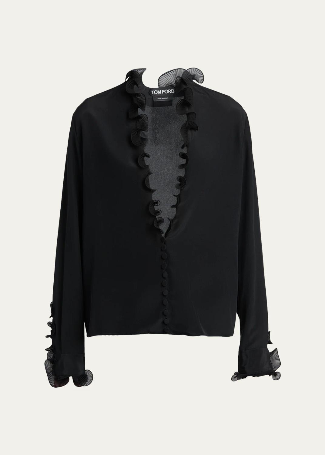 Silk Crepe De Chine Ruffle Plunging-Neck Blouse