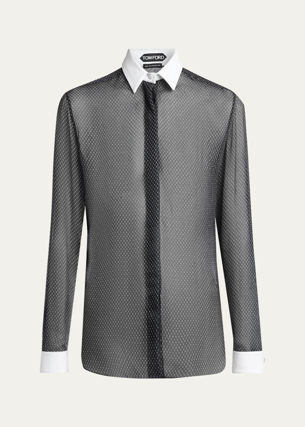 Net-Print Losange Silk Chiffon Button-Down Shirt