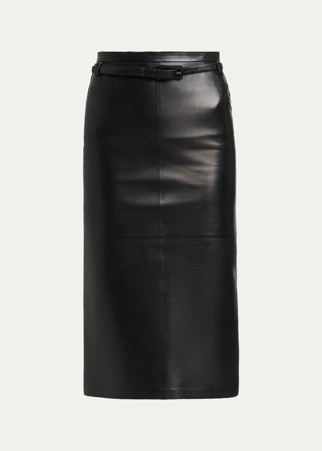 Silky Guanteria Lambskin Leather Belted Pencil Skirt Silky Guanteria Lambskin Leather Belted Pencil Skirt