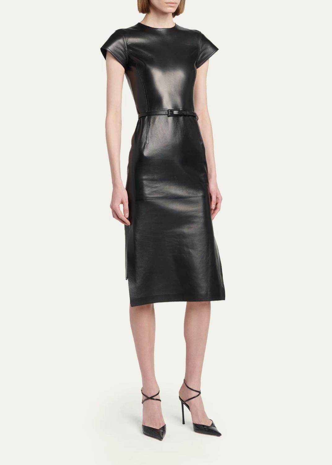 Tom Ford Short-Sleeve Silky Guanteria Lambskin Leather Asymmetric Midi Dress | Thumbnail 4 Tom Ford Short-Sleeve Silky Guanteria Lambskin Leather Asymmetric Midi Dress | Thumbnail 4