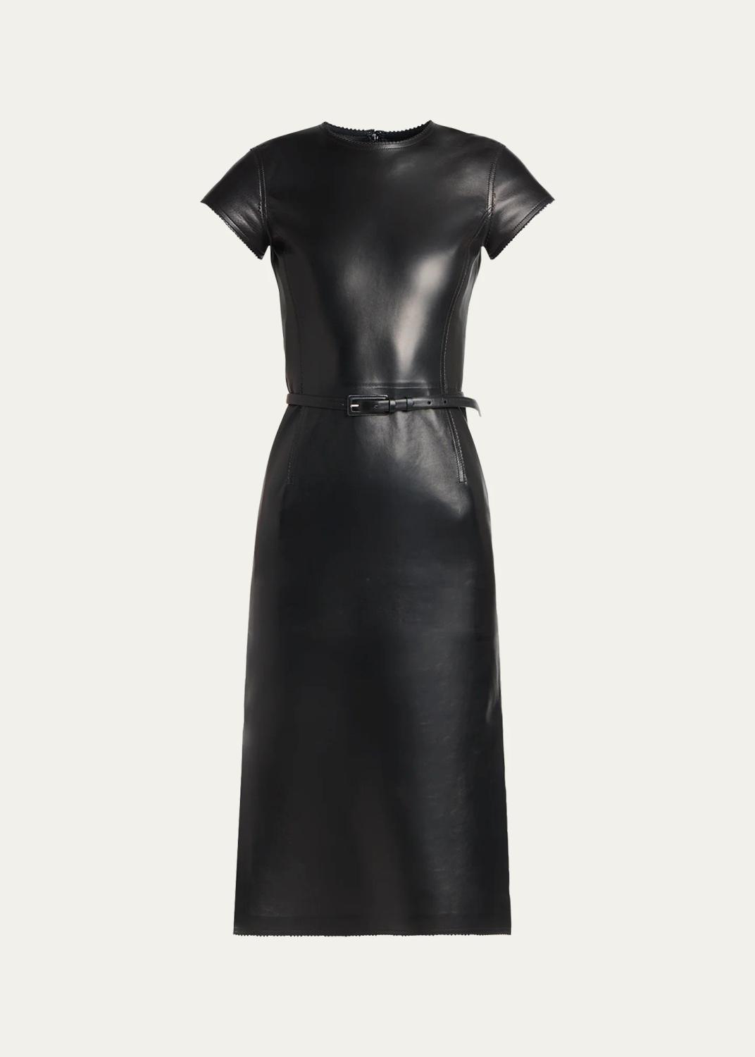 Short-Sleeve Silky Guanteria Lambskin Leather Asymmetric Midi Dress