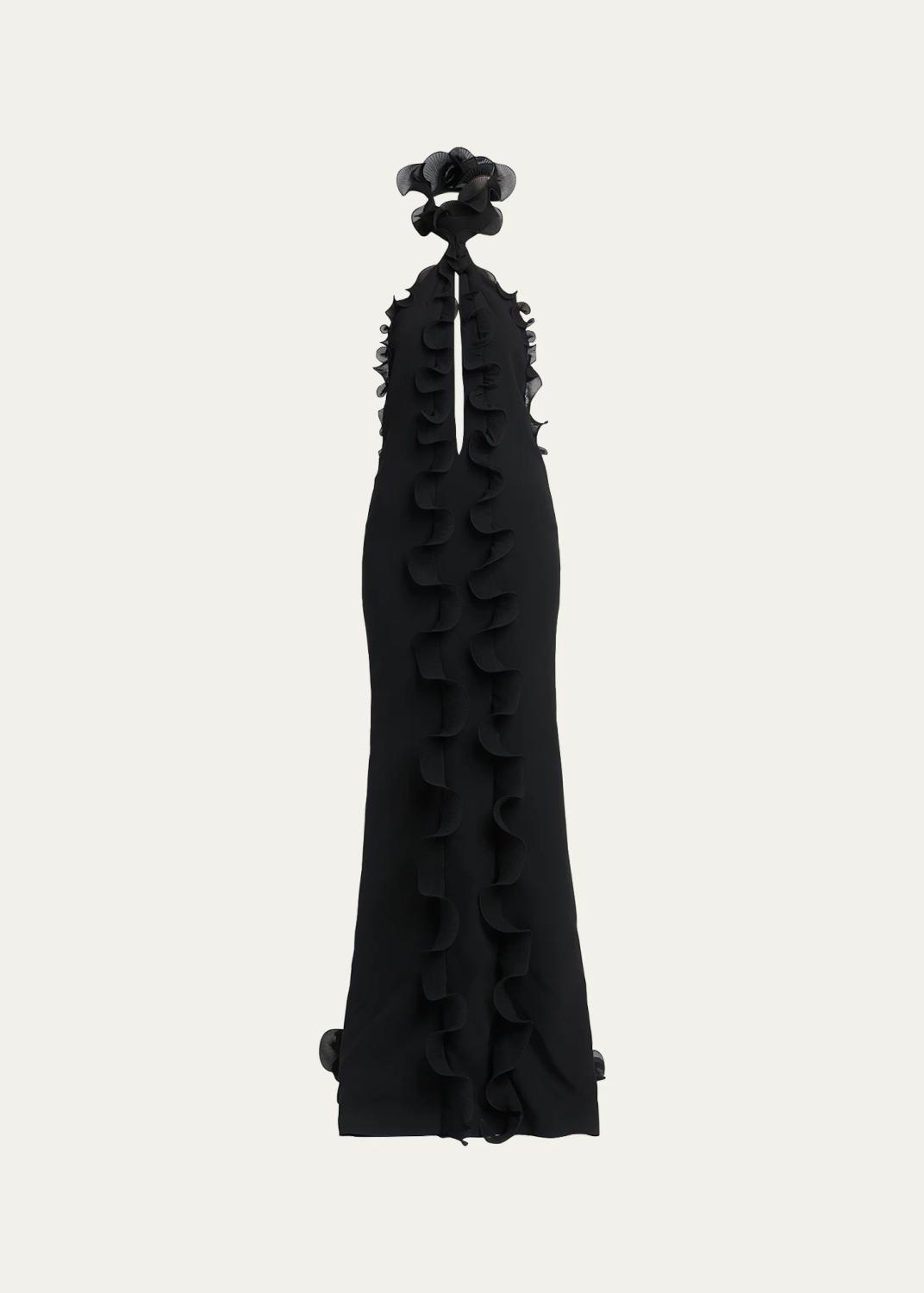 Silk Crepe Ruffled Halter Evening Dress