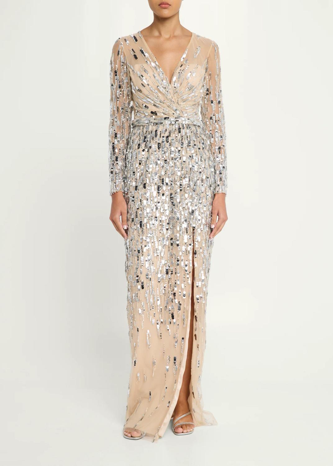 PAMELLA ROLAND Sequined Long-Sleeve Surplice Tulle Gown | Thumbnail 2 PAMELLA ROLAND Sequined Long-Sleeve Surplice Tulle Gown | Thumbnail 2