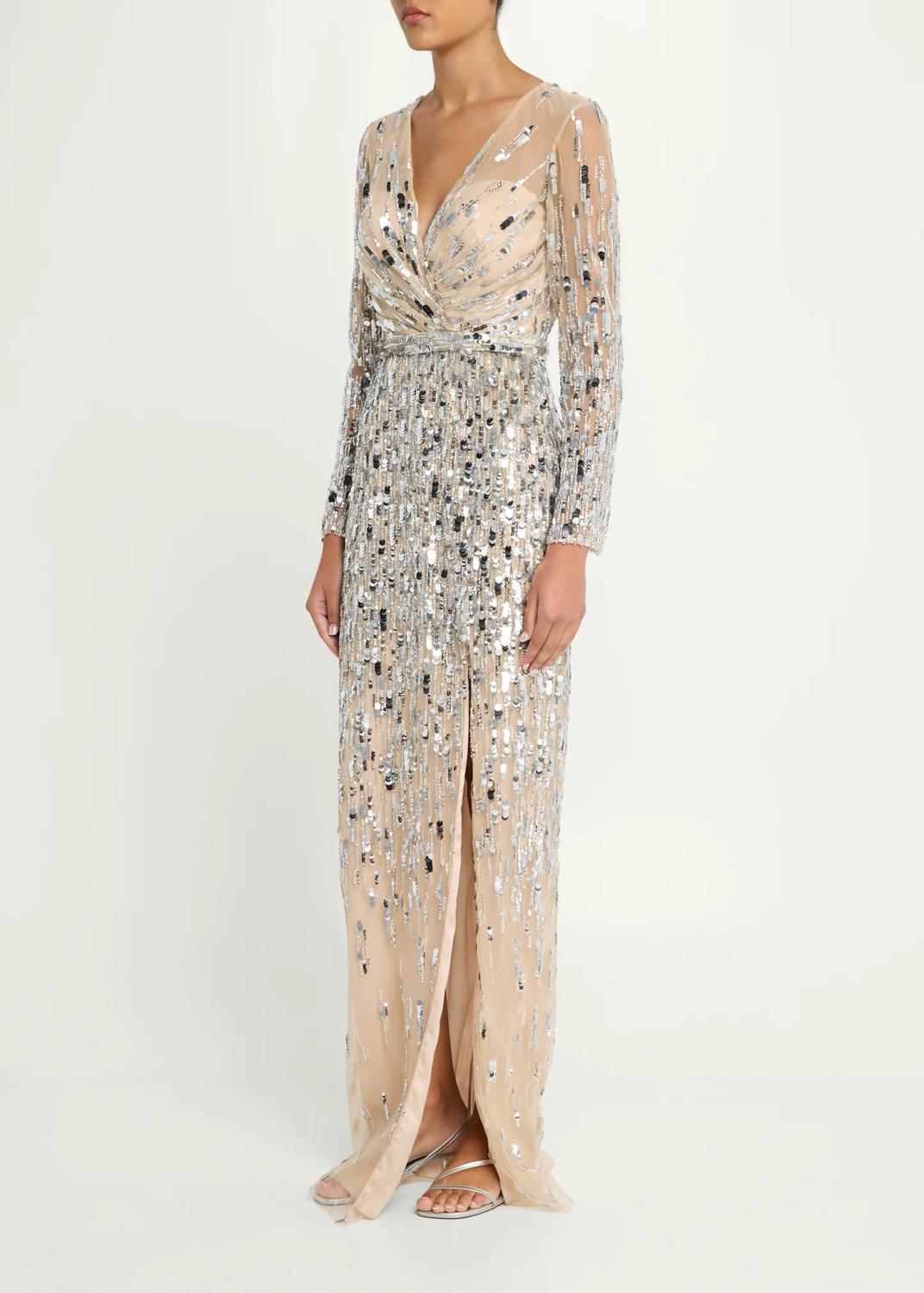 PAMELLA ROLAND Sequined Long-Sleeve Surplice Tulle Gown | Thumbnail 4 PAMELLA ROLAND Sequined Long-Sleeve Surplice Tulle Gown | Thumbnail 4
