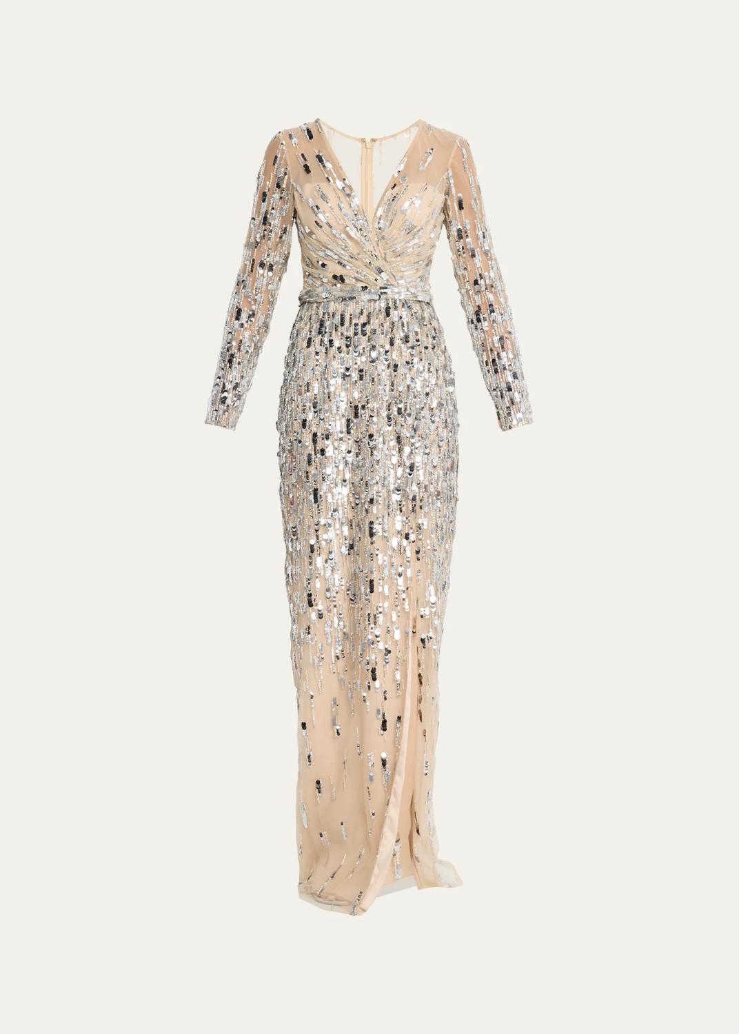 Sequined Long-Sleeve Surplice Tulle Gown
