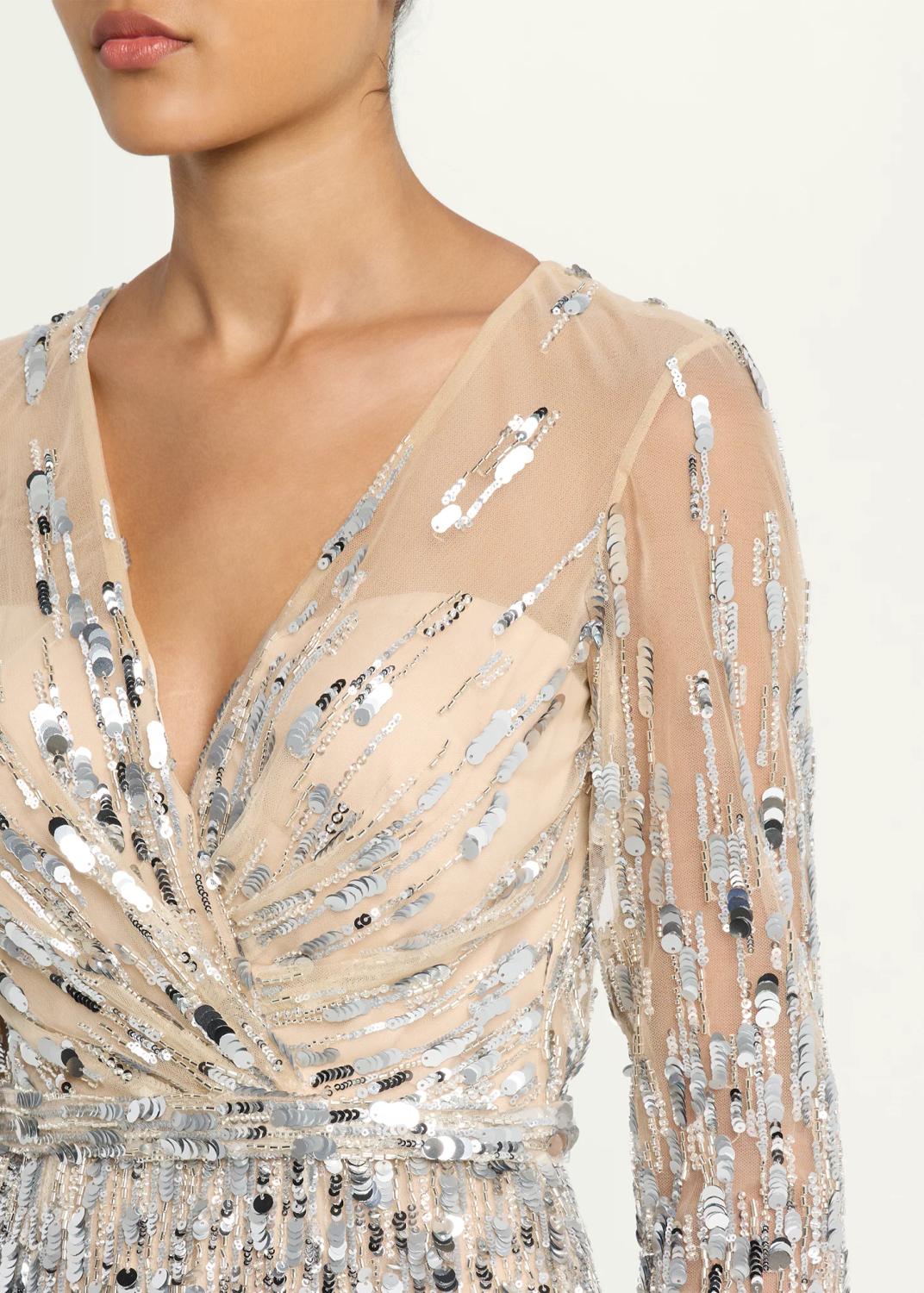 PAMELLA ROLAND Sequined Long-Sleeve Surplice Tulle Gown | Thumbnail 5 PAMELLA ROLAND Sequined Long-Sleeve Surplice Tulle Gown | Thumbnail 5
