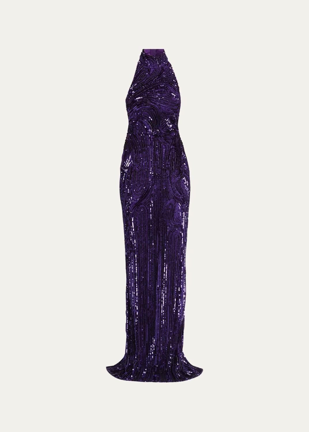 Wave Beaded Halter Column Gown