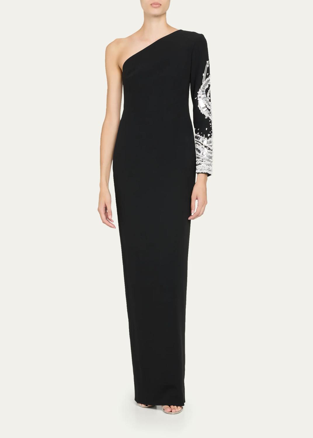 PAMELLA ROLAND One-Shoulder Beaded Crepe Column Gown | Thumbnail 2