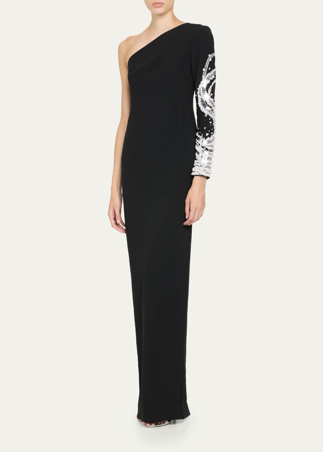 PAMELLA ROLAND One-Shoulder Beaded Crepe Column Gown | Thumbnail 4