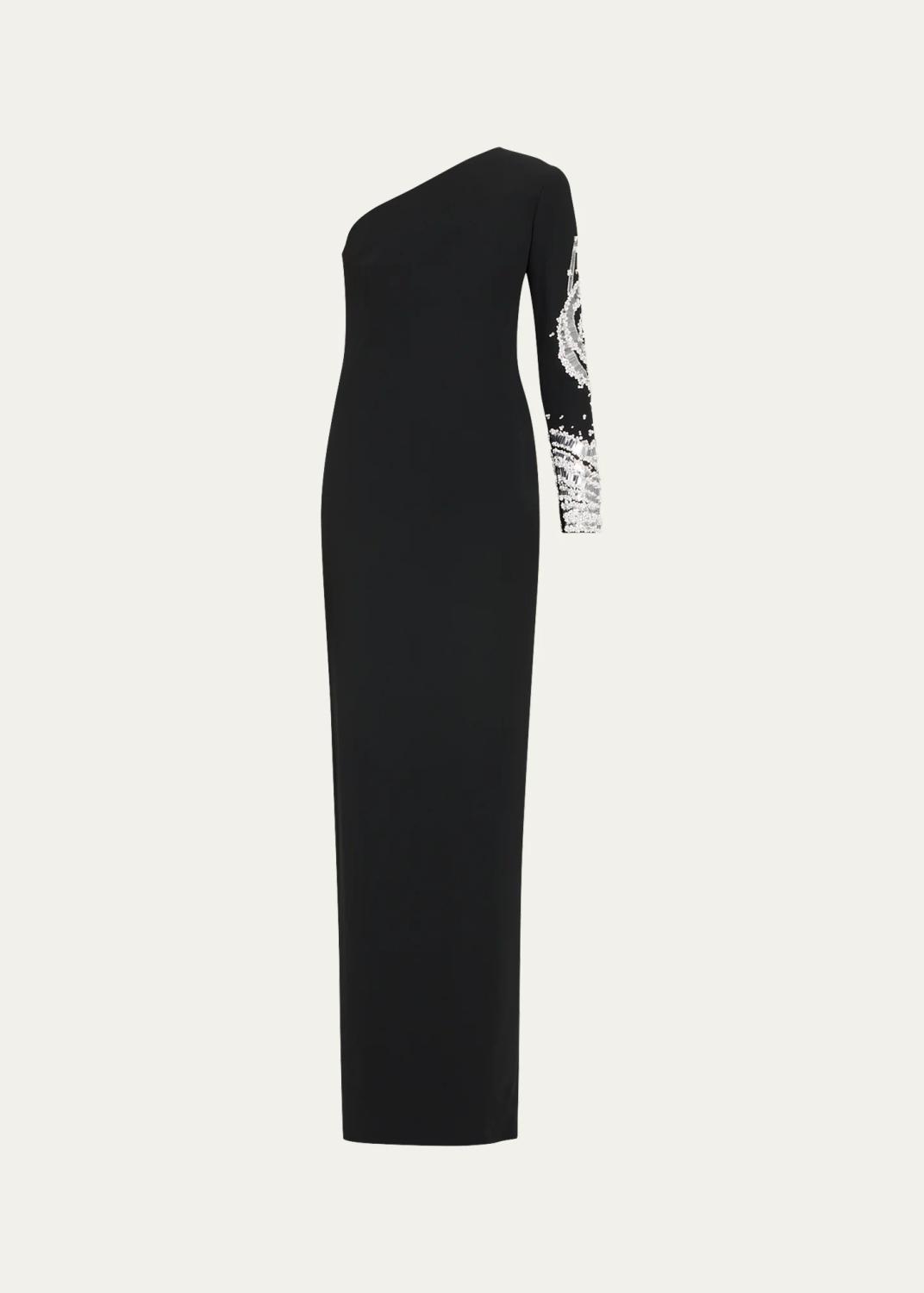 One-Shoulder Beaded Crepe Column Gown