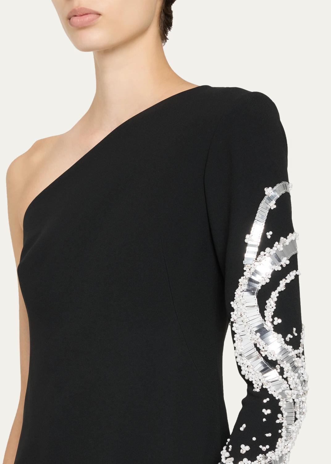 PAMELLA ROLAND One-Shoulder Beaded Crepe Column Gown | Thumbnail 5