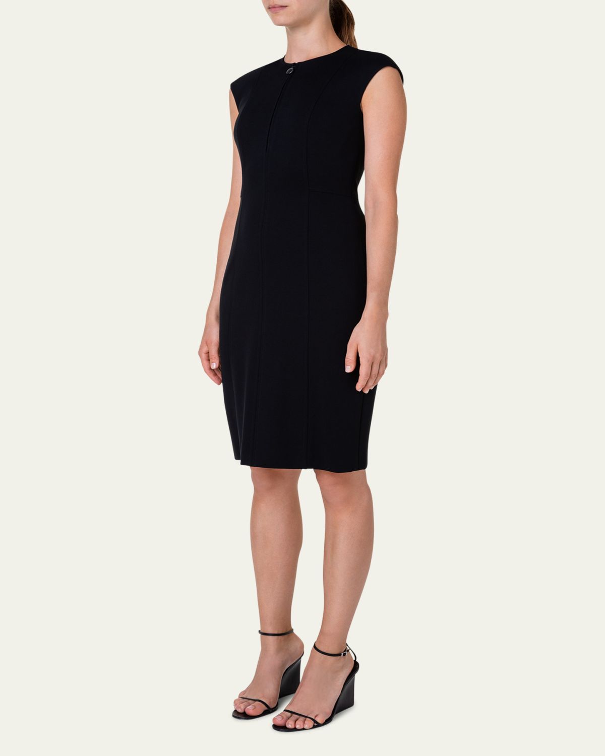 Akris punto Cap-Sleeve Zip-Front Seamed Dress, Black | Thumbnail 4